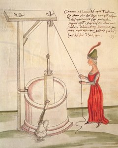 Kvinna som drar vatten från en brunn, illustration från 